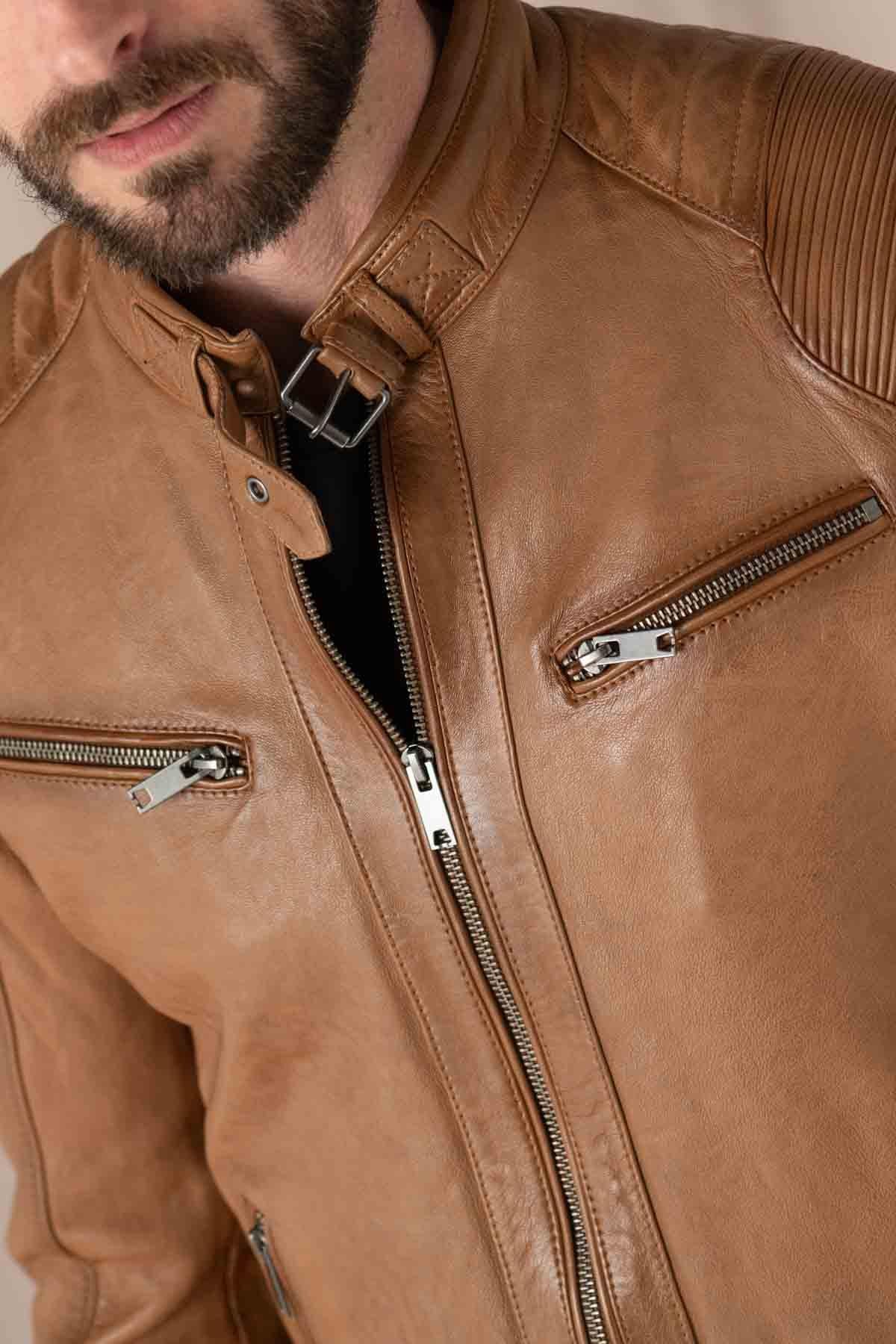 Timeless biker style in rich oxblood lambskin, textured for character. - Image n°3