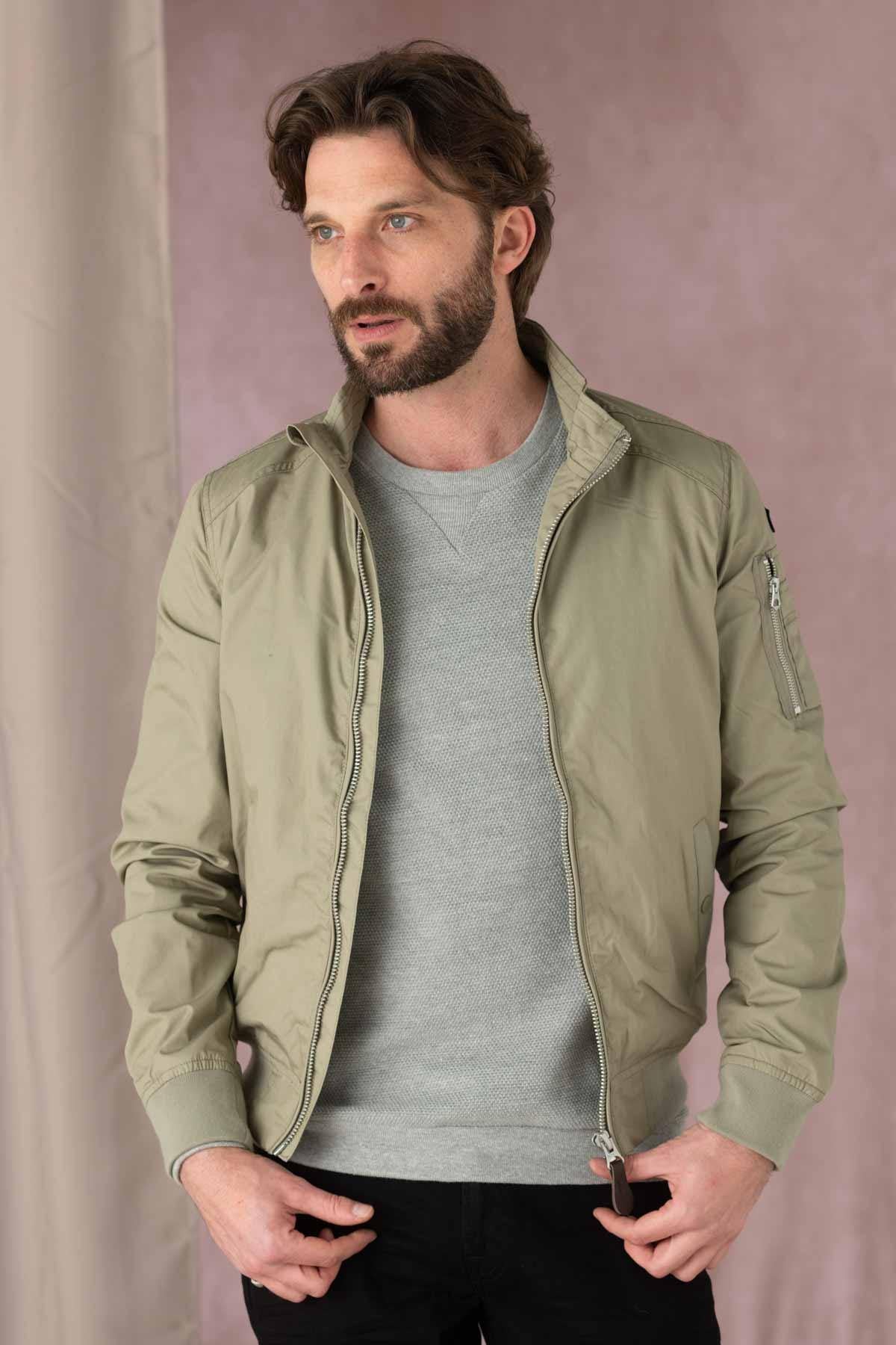 Schott Kenny bomber: sage khaki fleece, MA-1 pocket, ribbed trims. - Image n°1