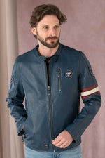 Slim biker jacket in royal blue sheep leather, Steve McQueen-inspired. - Image n°1