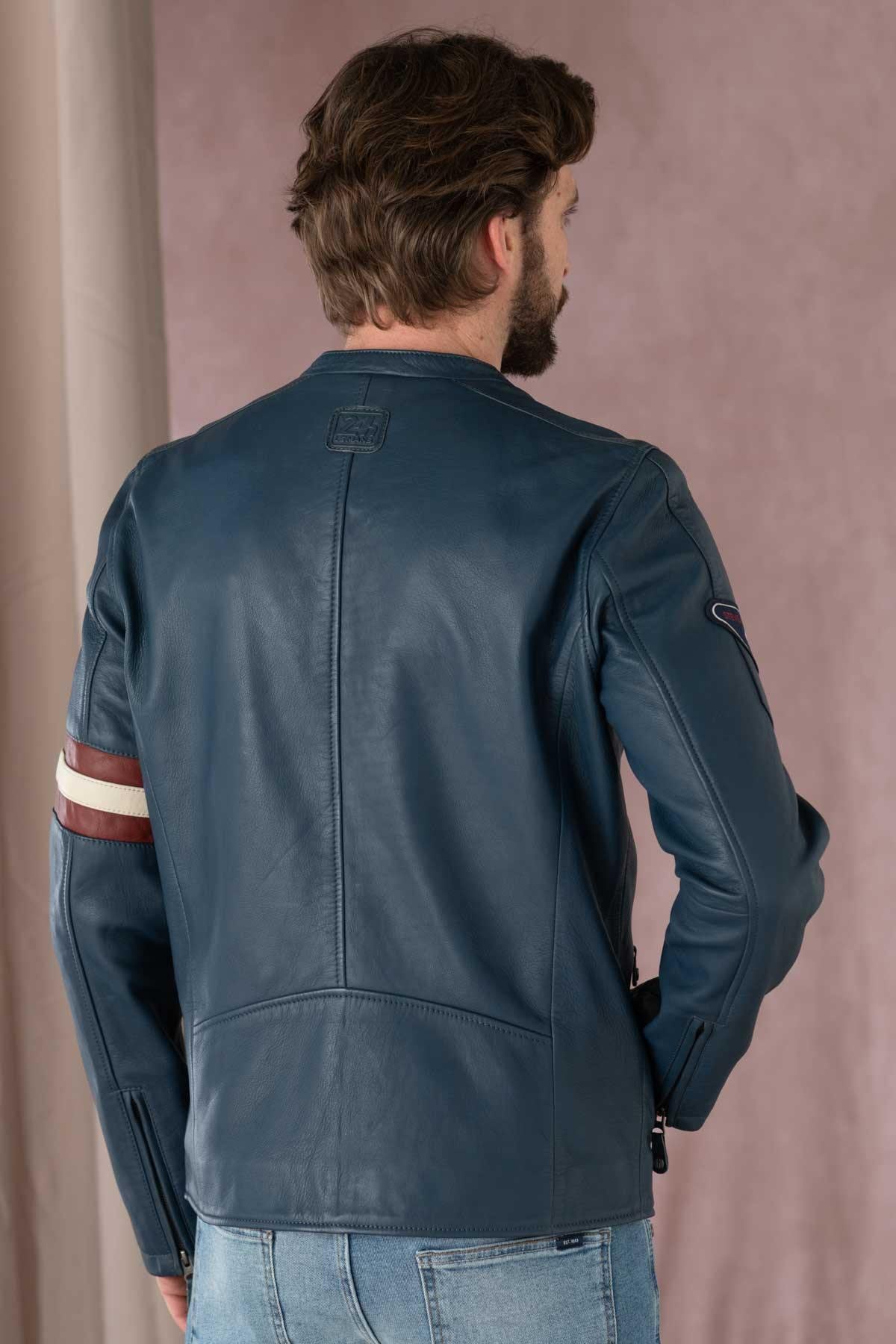 Slim biker jacket in royal blue sheep leather, Steve McQueen-inspired. - Image n°5