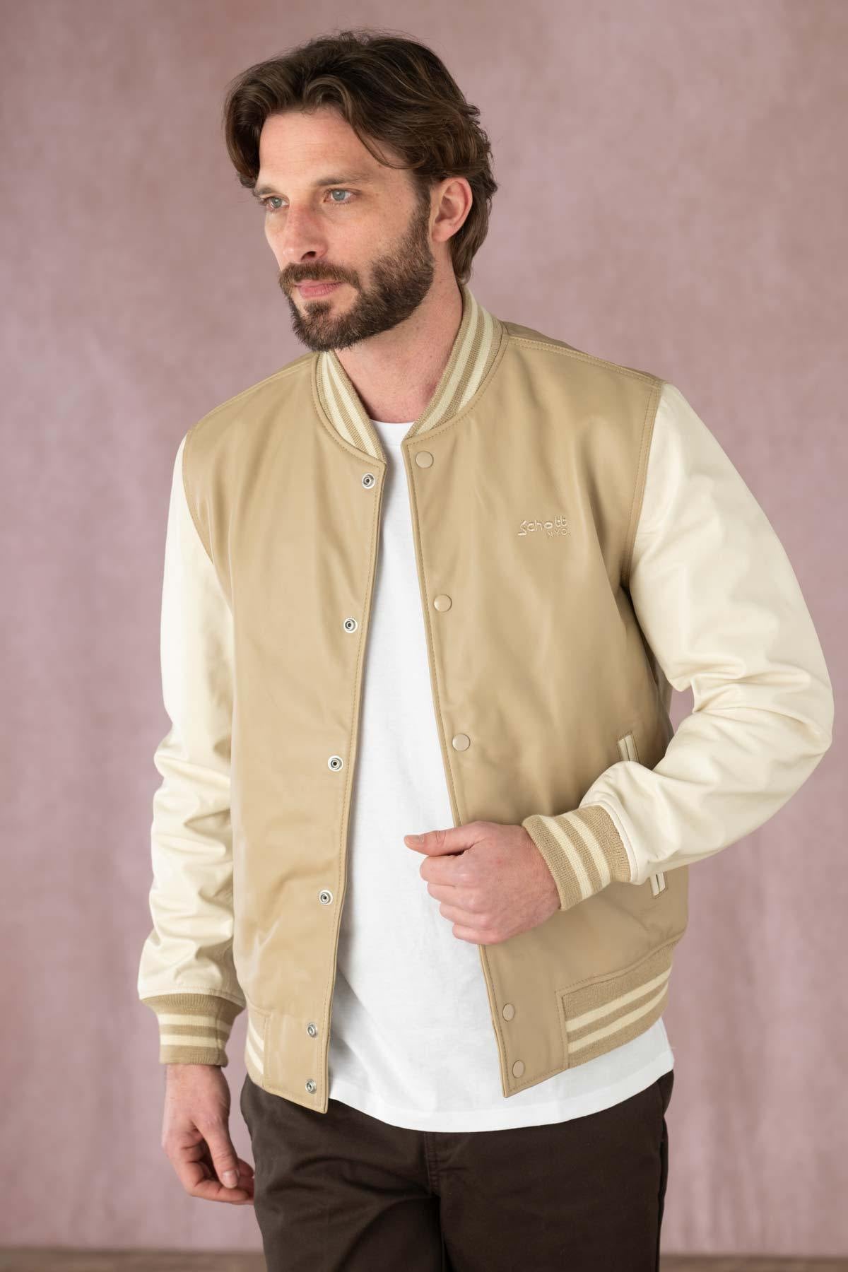 Schott's lambskin jacket: beige/off-white, snap closure, ribbed trims. - Image n°5