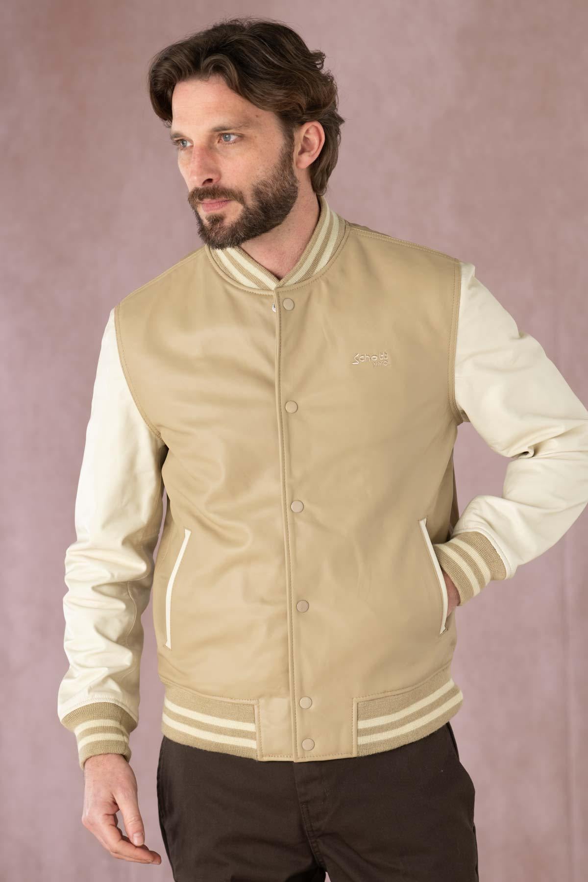 Schott's lambskin jacket: beige/off-white, snap closure, ribbed trims. - Image n°8