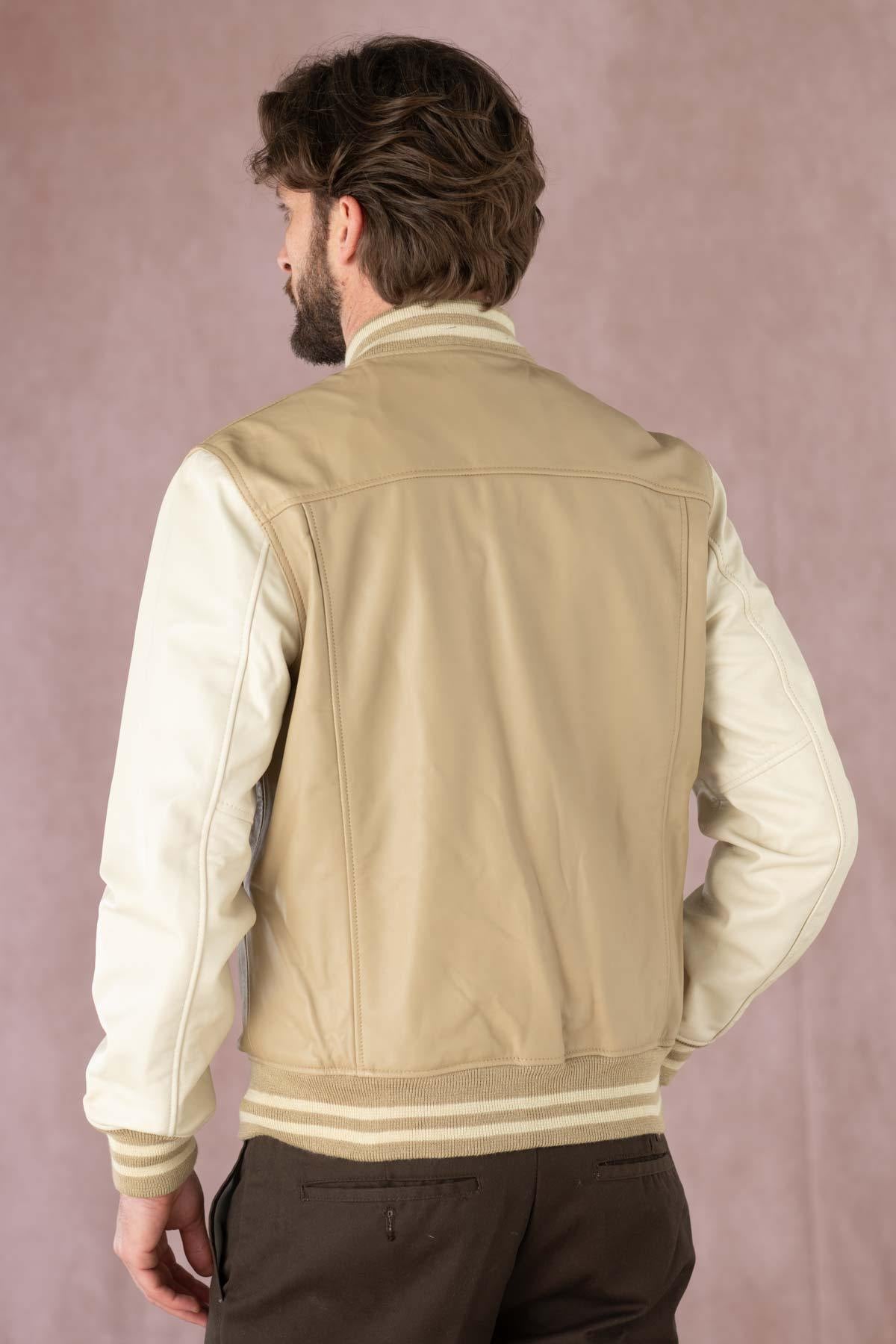 Schott's lambskin jacket: beige/off-white, snap closure, ribbed trims. - Image n°6