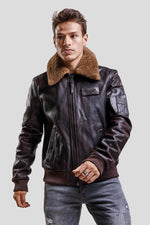 Striking brown lambskin aviator jacket with removable collar. - Image n°1