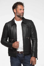 Elegant black racing leather jacket with shirt collar - Image n°4