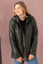 Olive pearlised lambskin jacket, straight cut. Soft and timeless. - Image n°1