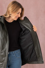 Olive pearlised lambskin jacket, straight cut. Soft and timeless. - Image n°9