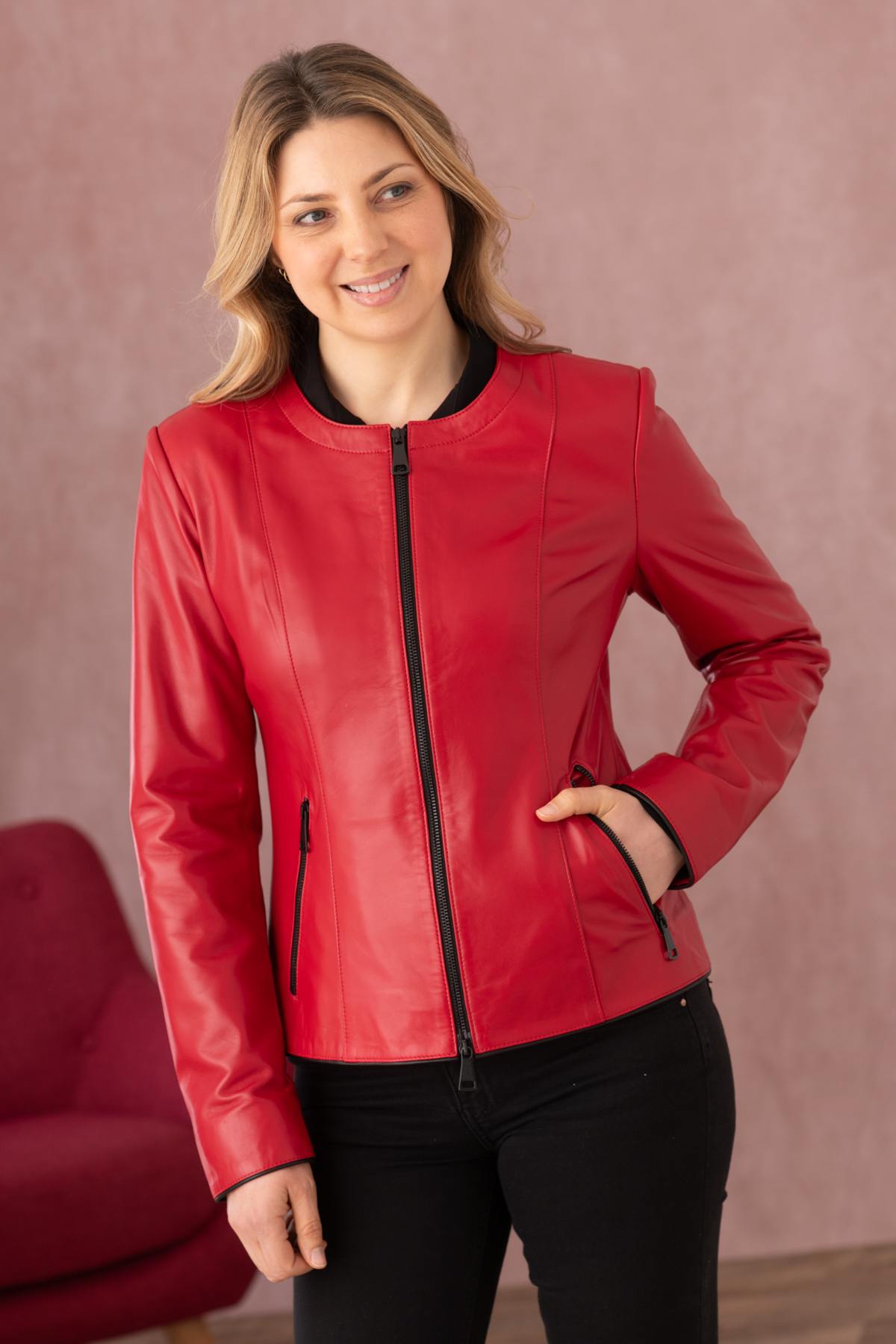 Glossy red and black lambskin jacket, slim-fit for chic evening wear. - Image n°7