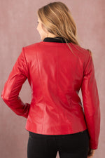 Glossy red and black lambskin jacket, slim-fit for chic evening wear. - Image n°9