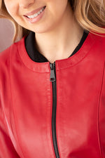 Glossy red and black lambskin jacket, slim-fit for chic evening wear. - Image n°5