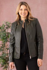 Glossy olive lambskin jacket, slim and collarless for open styling. - Image n°1