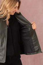 Glossy olive lambskin jacket, slim and collarless for open styling. - Image n°12