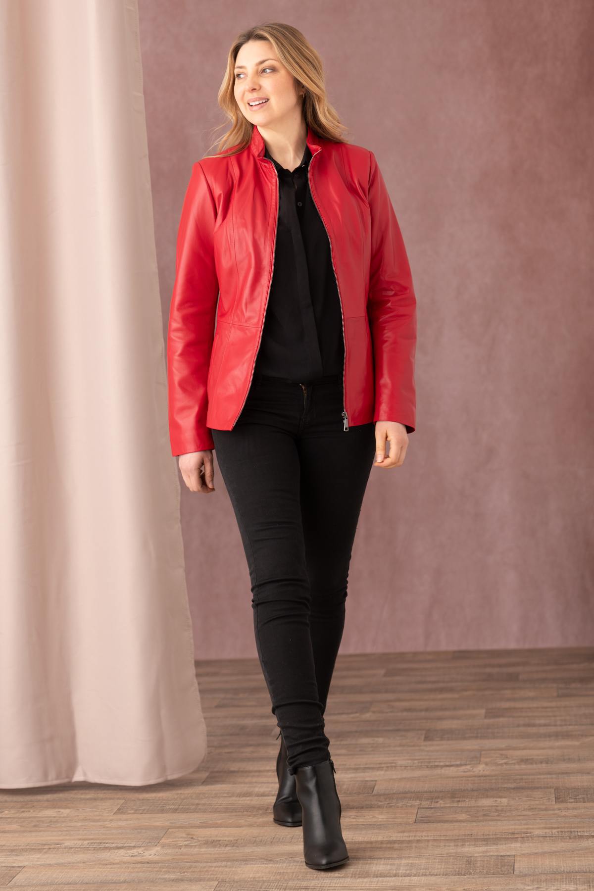 Red lambskin jacket, slim fit, moto collar-lightweight for spring. - Image n°3