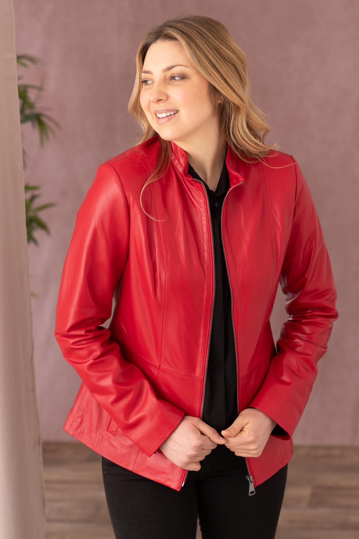 Red lambskin jacket, slim fit, moto collar-lightweight for spring. - Image n°1