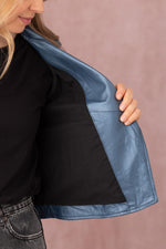 Cobalt-colored leather Biker Jacket with metallic effect - Image n°12