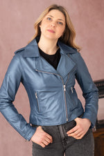 Cobalt-colored leather Biker Jacket with metallic effect - Image n°7
