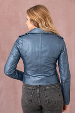 Cobalt-colored leather Biker Jacket with metallic effect - Image n°9