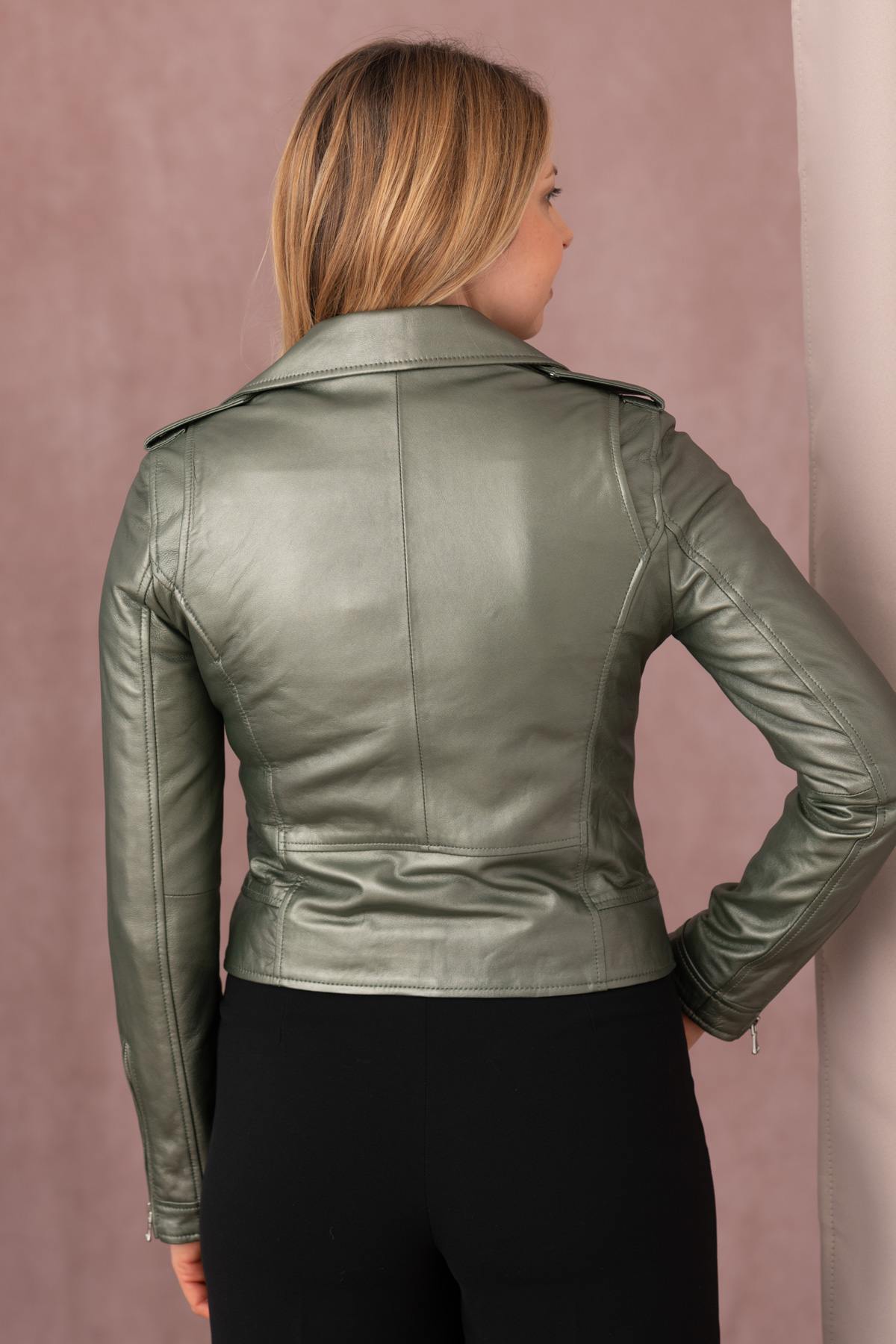 A metallic dark green sheepskin biker jacket, bold and seasonless. - Image n°3