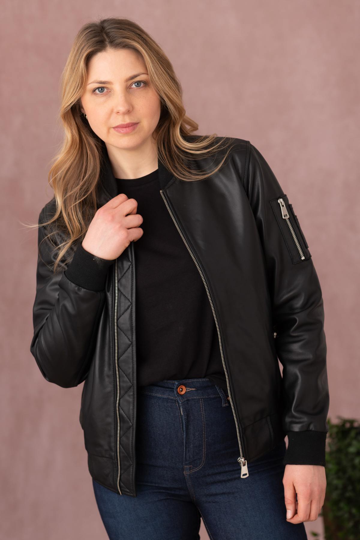 Black leather bomber jacket for women - Image n°13