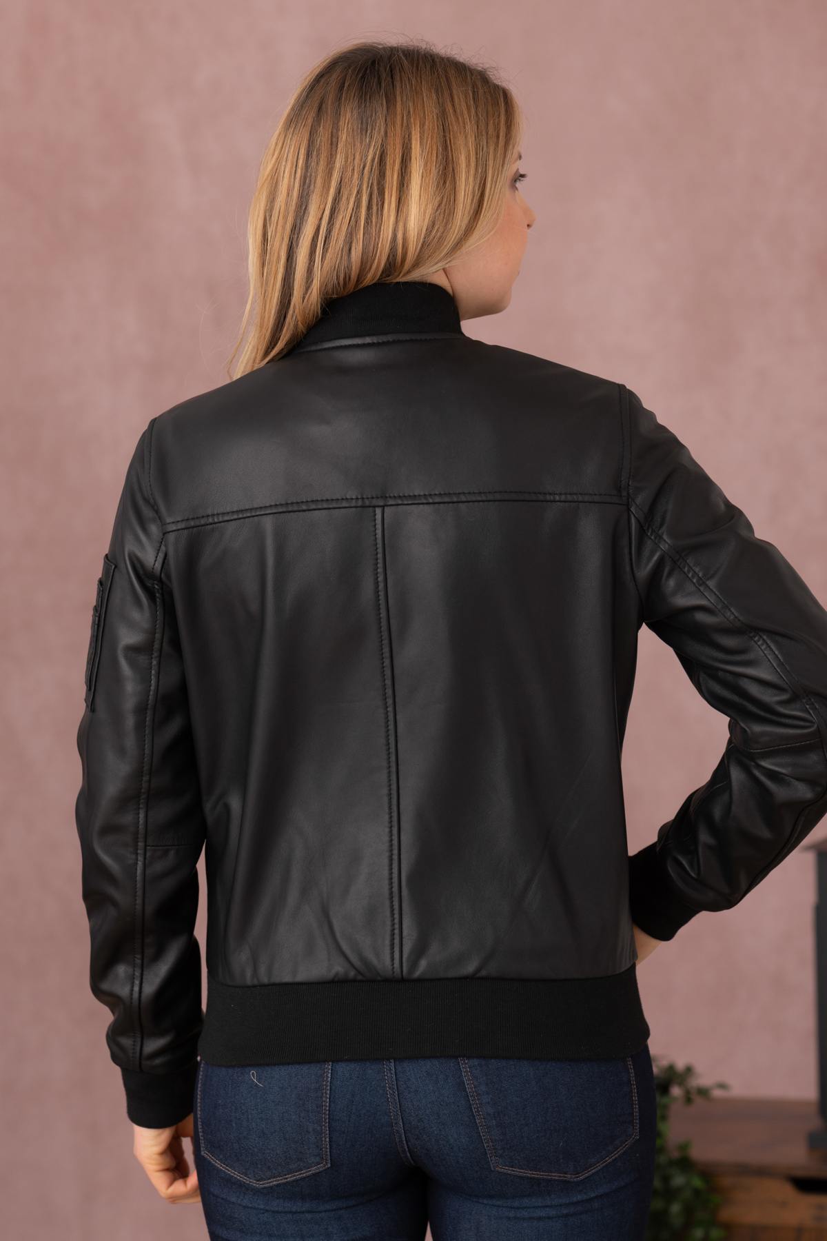 Black leather bomber jacket for women - Image n°12