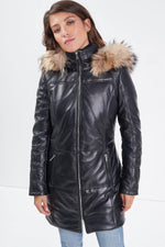 Mid-length lambskin coat with detachable hood for chic autumn wear. - Image n°1