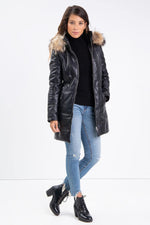 Mid-length lambskin coat with detachable hood for chic autumn wear. - Image n°6