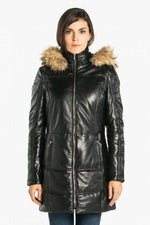 Mid-length lambskin coat with detachable hood for chic autumn wear. - Image n°7