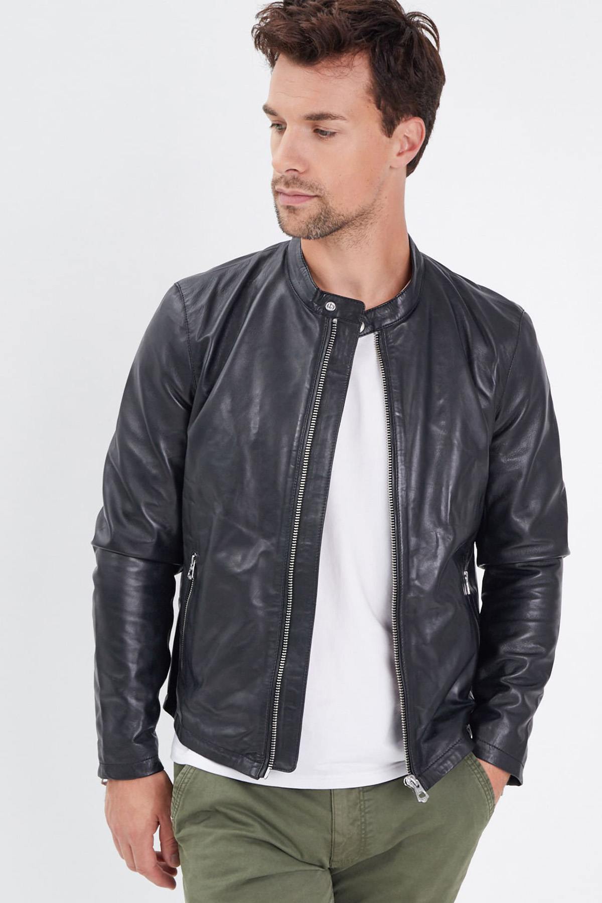 Black lambskin biker jacket, sleek and moto-inspired. - Image n°1