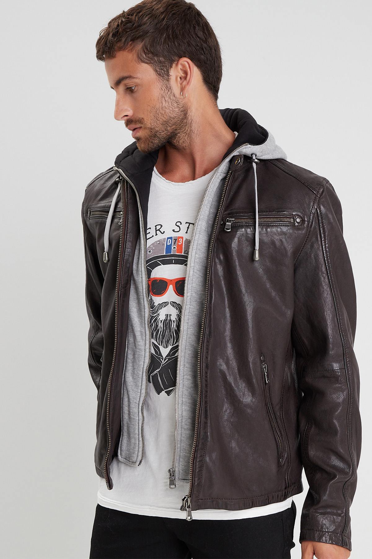 Brown lambskin jacket with detachable hood and zip sleeves. - Image n°6