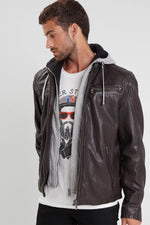 Brown lambskin jacket with detachable hood and zip sleeves. - Image n°6