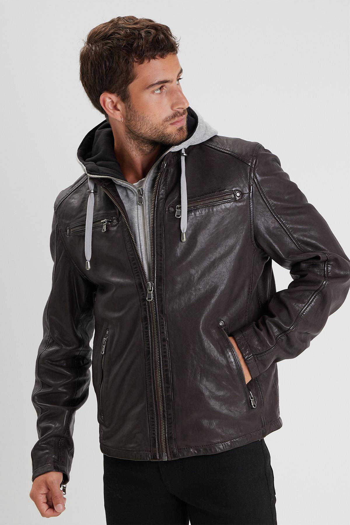 Brown lambskin jacket with detachable hood and zip sleeves. - Image n°1