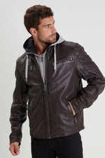 Brown lambskin jacket with detachable hood and zip sleeves. - Image n°1