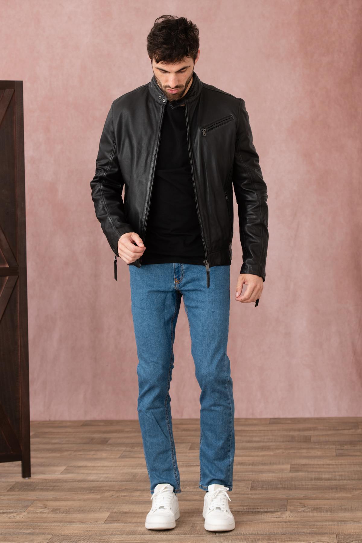 Lambskin biker jacket by Redskins, zipped and sleek in black. - Image n°4