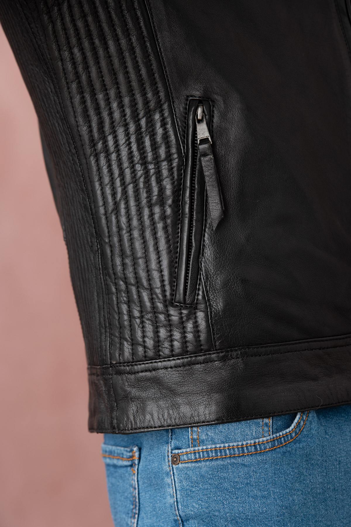 Lambskin biker jacket by Redskins, zipped and sleek in black. - Image n°3