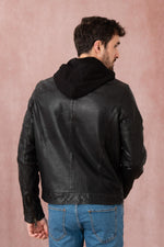 Biker-style sheep leather jacket by Redskins with detachable hood. - Image n°2