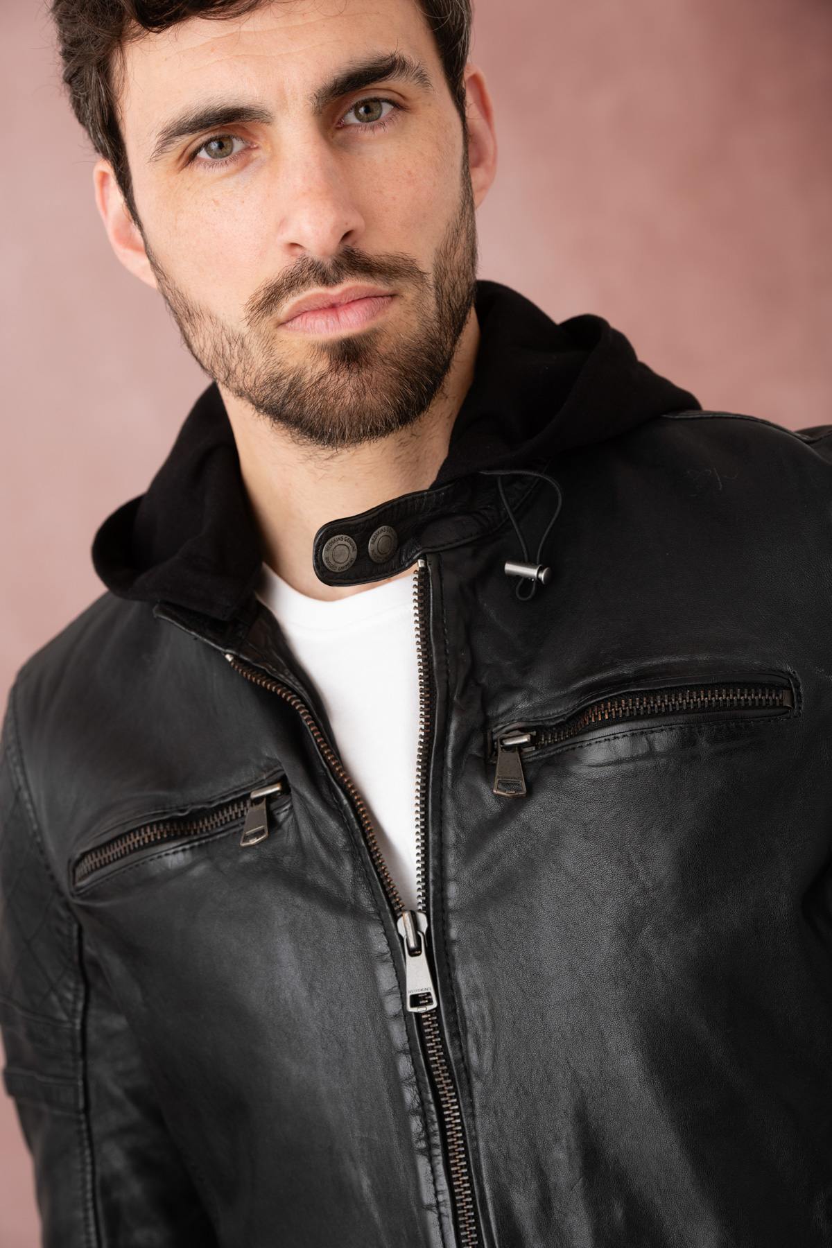 Biker-style sheep leather jacket by Redskins with detachable hood. - Image n°4