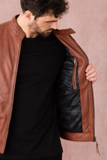 Cognac-colored leather jacket with biker collar - Image n°8