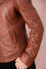 Cognac-colored leather jacket with biker collar - Image n°7