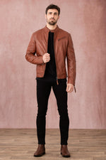 Cognac sheepskin biker jacket, rugged yet refined for urban style. - Image n°9