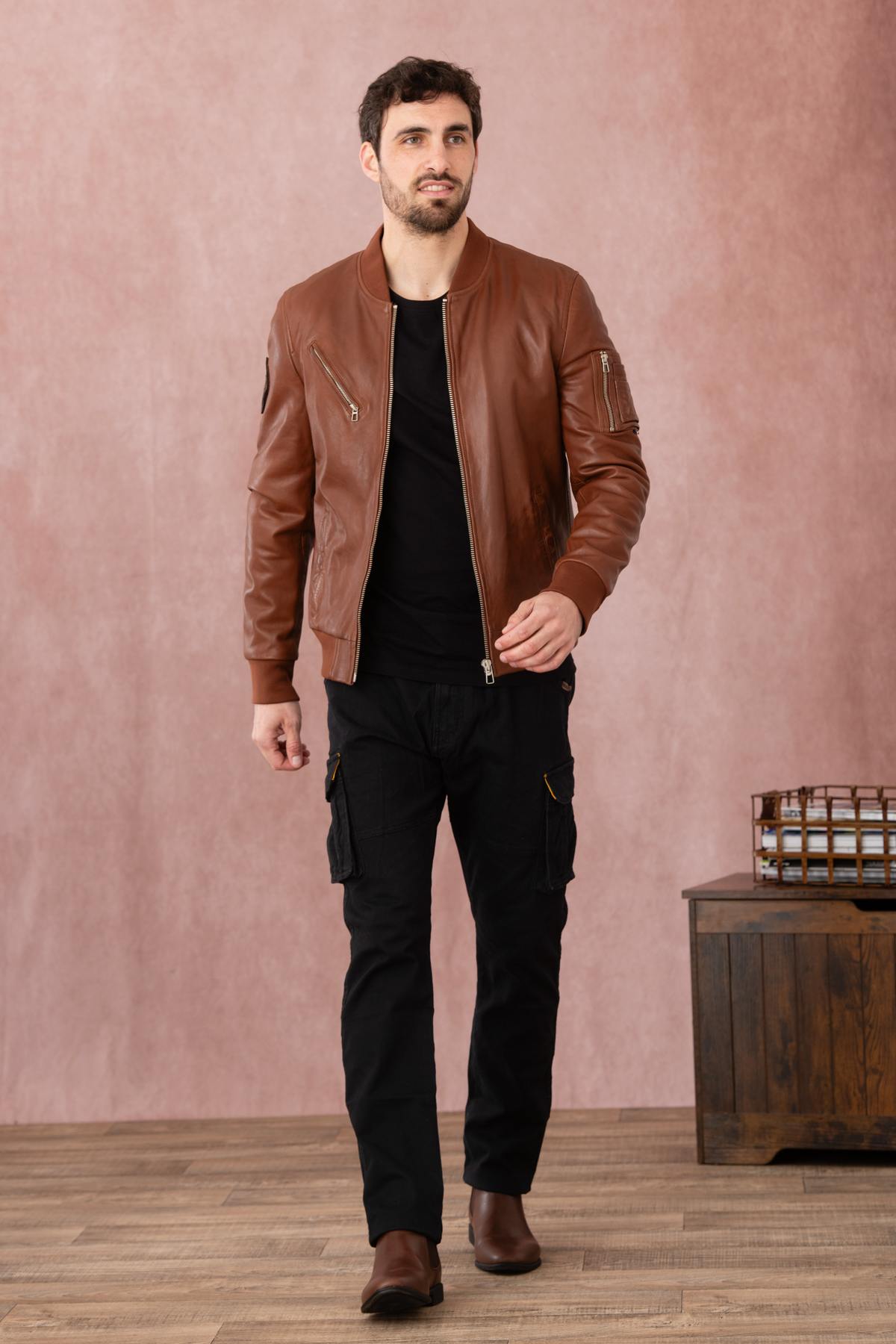 Slim lambskin bomber with moto collar and Patrouille de France patch. - Image n°9