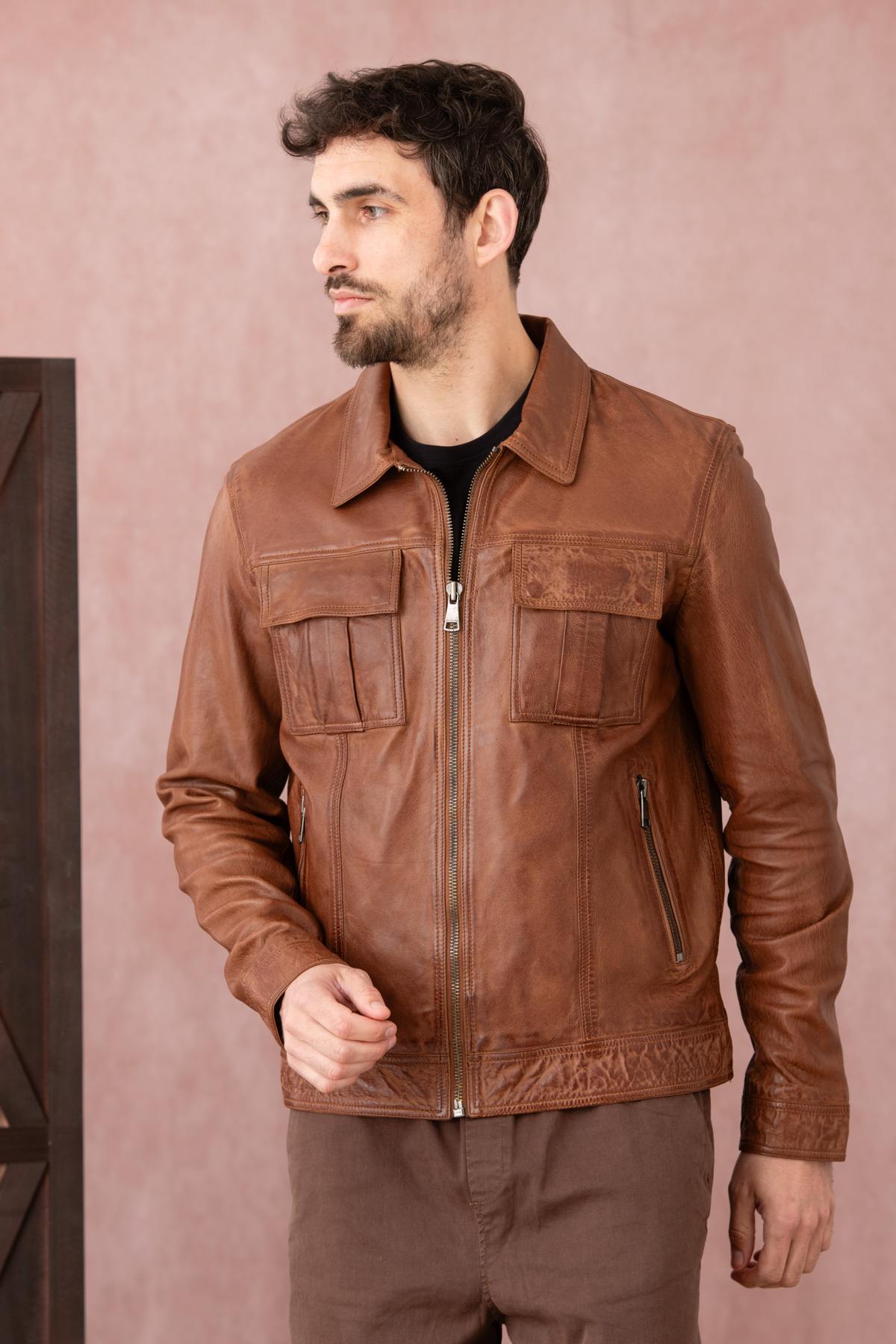 Leather jacket with shirt collar and chest pockets - Image n°5