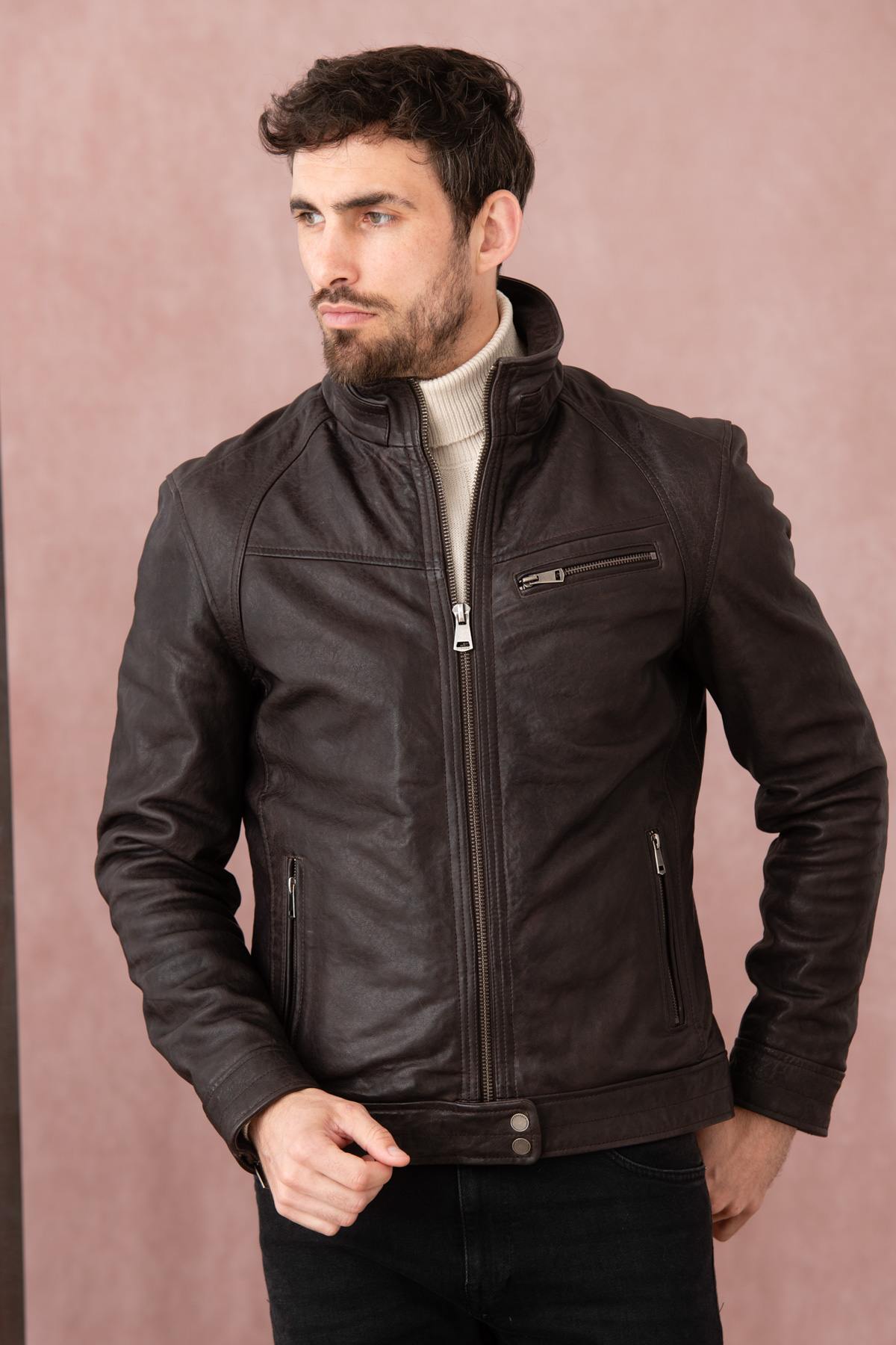 Brown leather jacket with stand-up collar - Image n°4
