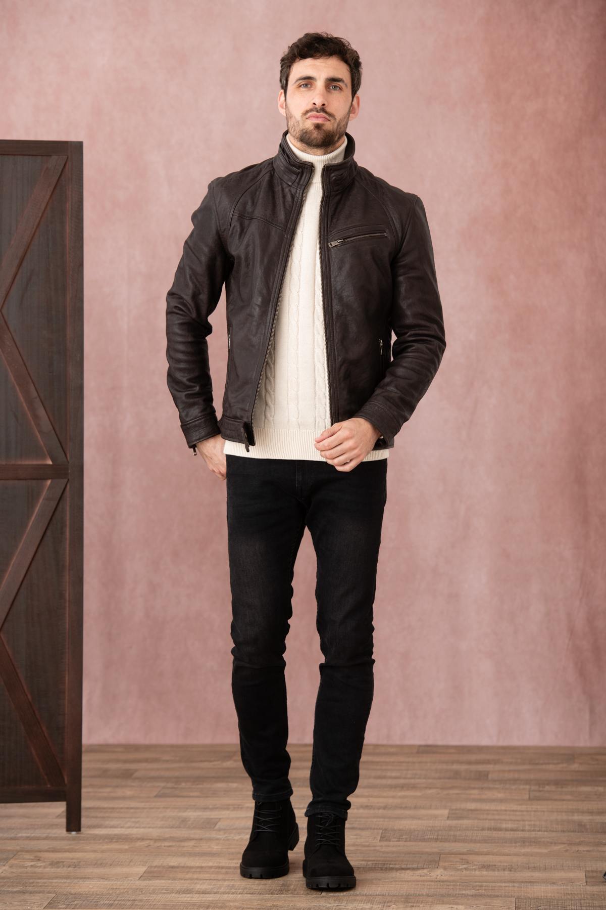 Brown leather jacket with stand-up collar - Image n°8