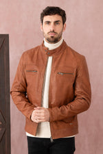 Tan leather biker-collar jacket - Image n°3
