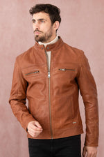 Tan leather biker-collar jacket - Image n°6