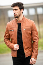 Tan leather biker-collar jacket - Image n°4