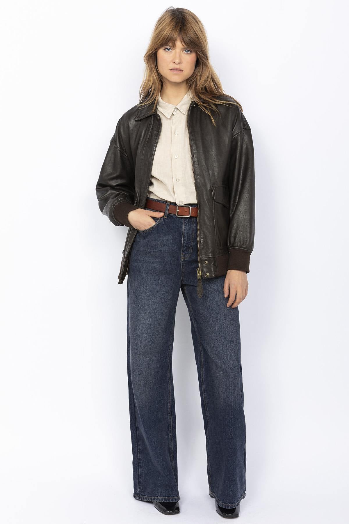 Washed lambskin aviator jacket. Oversized fit, zip and snap pockets. - Image n°1