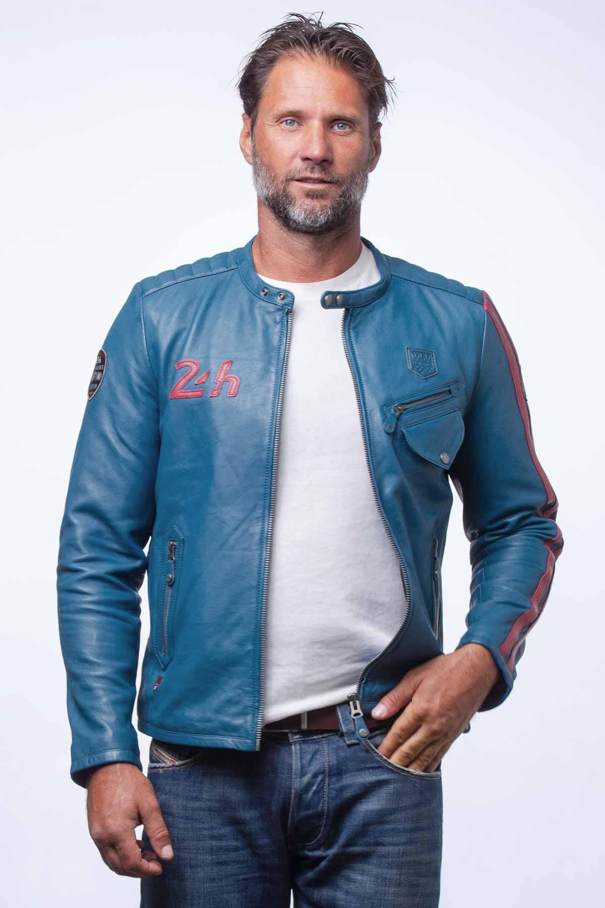 Ocean blue lambskin jacket, inspired by Le Mans racing heritage. - Image n°1