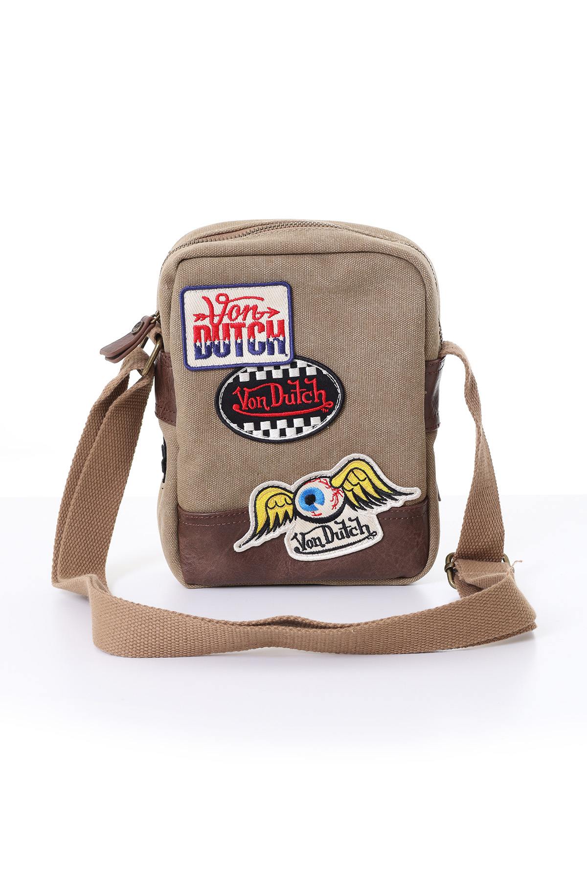 Textile bag with taupe-colored patches - Image n°1