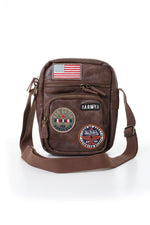 Brown faux leather bag with patches - Image n°1